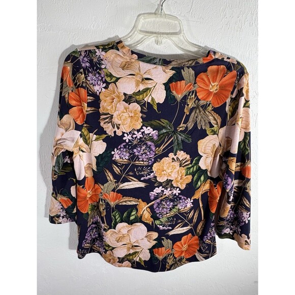 Chicos Black Fall Floral Cotton 3/4 Sleeve V-Neck Stretch Sz 1 Womens Medium - Picture 6 of 9